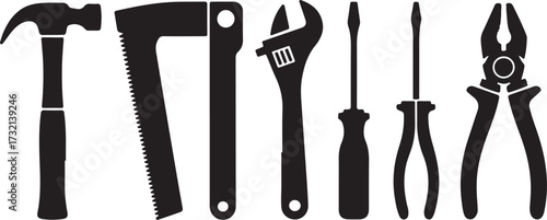 Black silhouette icons of various hand tools arranged horizontally on a white background hammer wrench