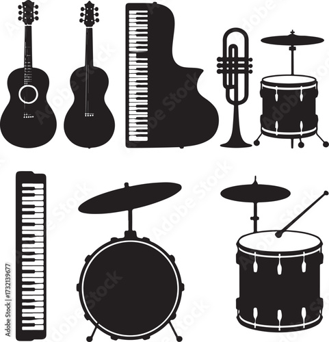Black silhouette collection of musical instruments including guitars pianos trumpets and drums acoustic guitar