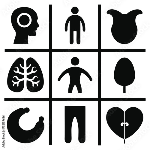 Black Icons of Human Head, Body, Brain, and Abstract Shapes Keywords: human head, profile, brain, human silhouette