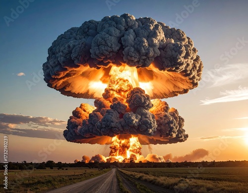 Massive nuclear explosion over a rural landscape