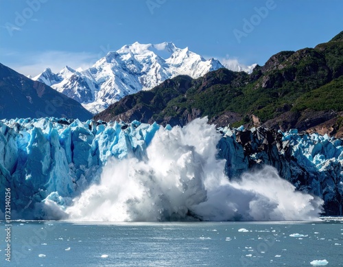 Glacier calving into icy water, mountains in background
