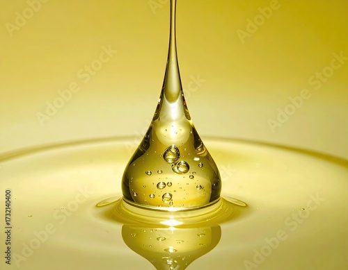 Golden liquid droplet,  teardrop shape,  with bubbles,  on a rippling surface