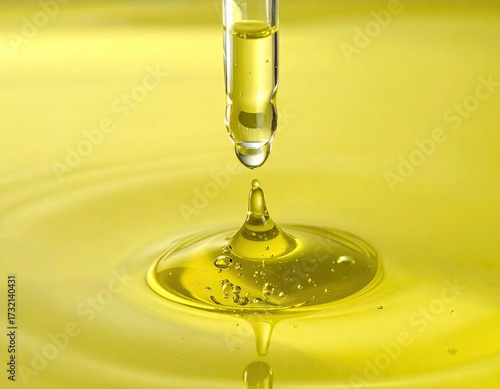 Droplet of liquid, possibly oil, falling from a pipette into a pool of the same liquid