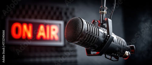 A professional microphone in a studio with a glowing 