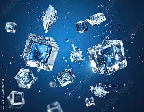 Ice cubes suspended in air, water droplets, and shattered pieces against a deep blue backdrop