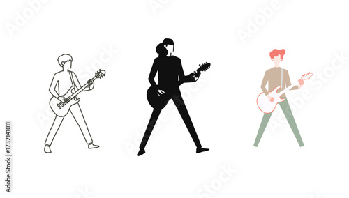 Artistic design of three musician figures illustrated in elegant simple flat minimalist vector format