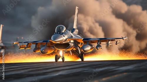 A fighter jet thunders down the runway at dawn, its engines blazing and steam swirling, with golden light highlighting its metallic fuselage.