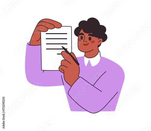 Employee showing business document. Office worker holding contract, agreement, work project, rule in hands. Information, statement on paper. Flat vector illustration isolated on white background