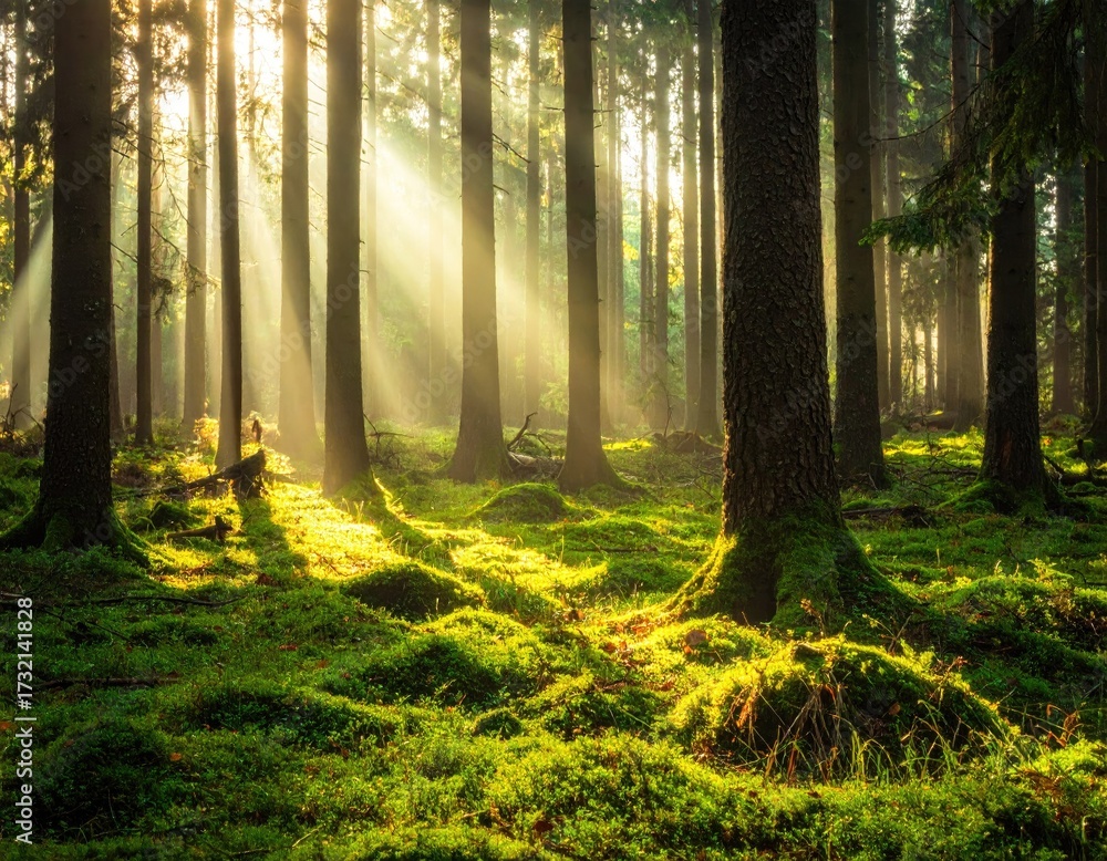 Obraz premium Sunlight streams through a misty forest (5)