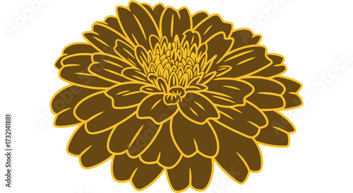 Stylized daisy-like bloom, brown petals outlined in gold on white
