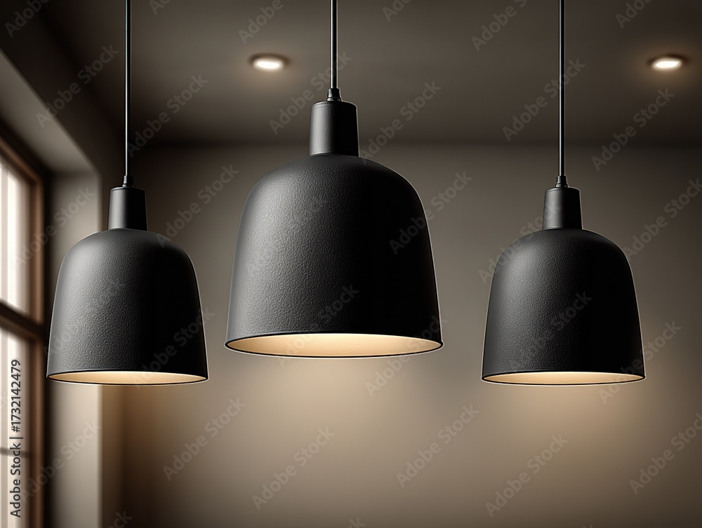 Obraz premium Three black pendant lights hanging from ceiling against neutral background, minimalist luxury style interior design
