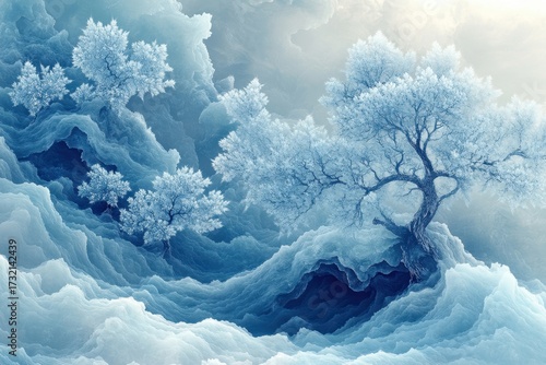 Tree stands alone on frozen lake.