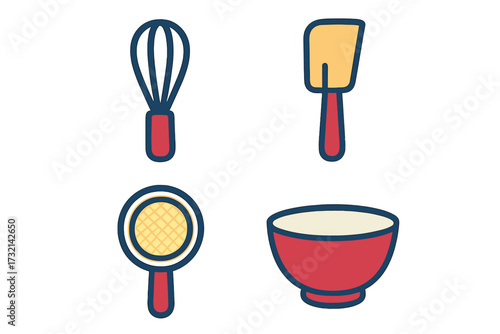 Essential baking utensils set including whisk, spatula, sieve, and mixing bowl for home cooking and dessert preparation