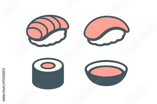 Traditional Japanese sushi nigiri and maki rolls with dipping sauce for Asian cuisine and restaurant menus