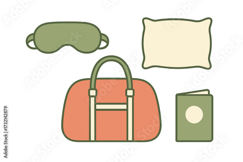 Travel essentials for a relaxing trip: sleep mask, soft pillow, spacious duffel bag, and passport