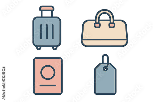 Travel essentials collection featuring rolling suitcase duffel bag passport and luggage tag for vacation planning