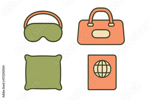 Collection of essential travel accessories including eye mask, luggage bag, comfort pillow, and international passport
