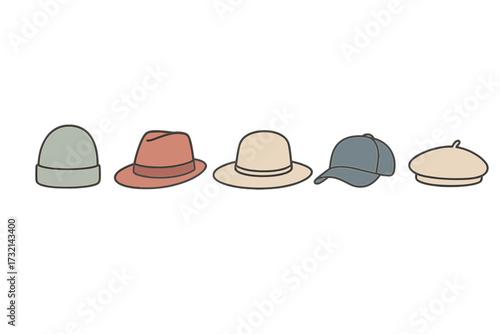A diverse collection of popular headwear styles, including a beanie, fedora, sun hat, baseball cap, and beret, presented in a clean and modern design