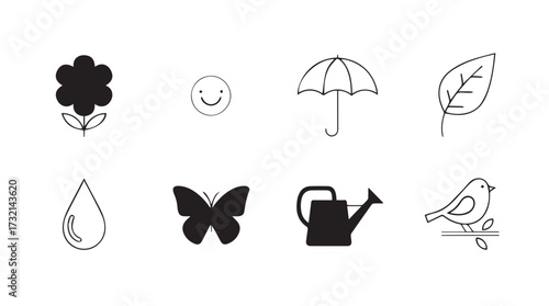Spring icons collection vibrant flower umbrella leaf water drop butterfly watering can bird vector