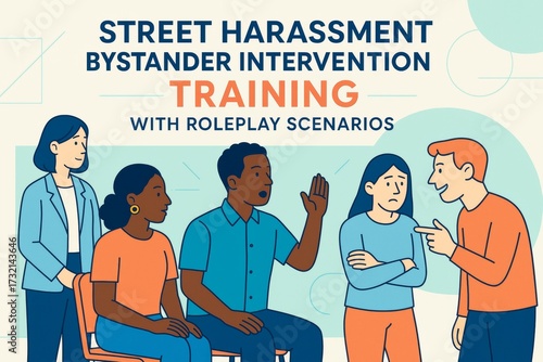 Street harassment bystander intervention training scene with diverse people roleplaying conflict resolution on a light creative background. Ai generative