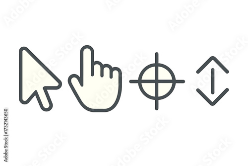 Collection of diverse computer interface cursors and pointers, including arrow, hand, crosshair, and various resize options for digital design