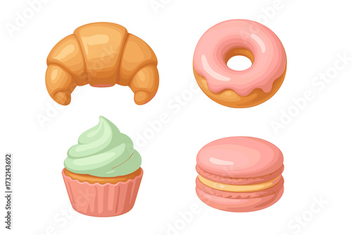 Colorful assortment of delicious sweet baked goods and confectionery treats featuring croissant donut cupcake macaron