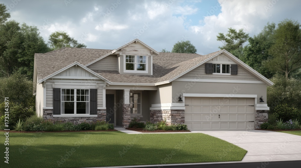 Obraz premium Modern suburban house with a manicured lawn, stone accents, and a two-car garage, surrounded by greenery under a partly cloudy sky