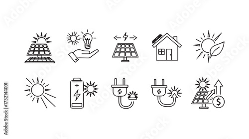 Hand drawn solar power icons set renewable energy concepts clean technology symbols for eco friendly living vector