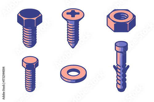 Isometric set of common hardware fasteners like bolts, screws, nuts, washers, and wall plugs for building and repair
