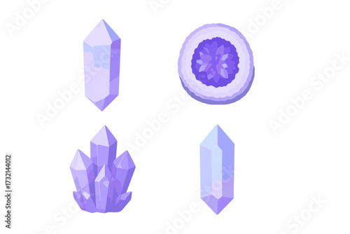 Set of diverse purple and blue crystal gemstones, including a geode and various mineral formations, perfect for magic and fantasy themes