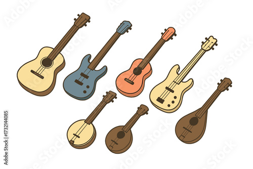 Assortment of diverse string musical instruments featuring acoustic guitar, electric bass, ukulele, banjo, and mandolin