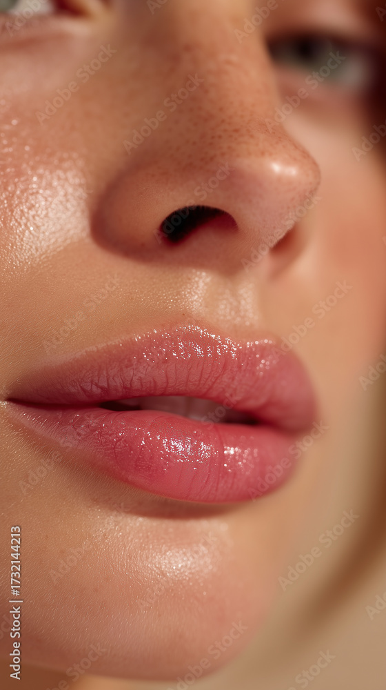 Naklejka premium Close‑up of glossy pink lips and freckles – skincare and lip care concept