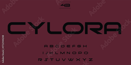 Modern futuristic font displayed on a deep red background