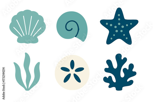 Stylized collection of ocean elements featuring seashells, starfish, sand dollar, seaweed, and coral designs