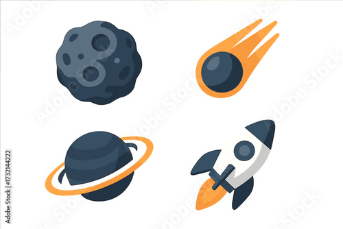 Various cosmic elements including asteroid, comet, ringed planet, and rocket for space exploration and astronomy designs