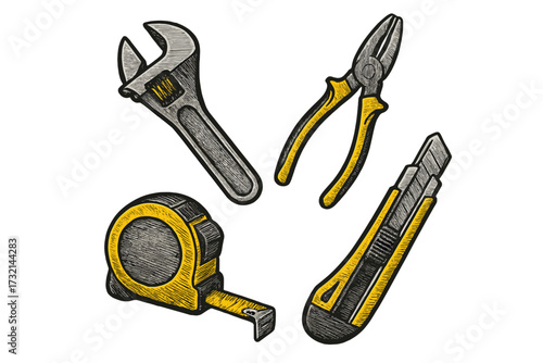 Collection of essential hand tools including adjustable wrench, pliers, tape measure, and utility knife for various repair and construction tasks