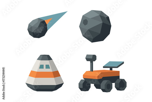 Modern low poly geometric space exploration elements with comet, asteroid, space capsule, and planetary rover