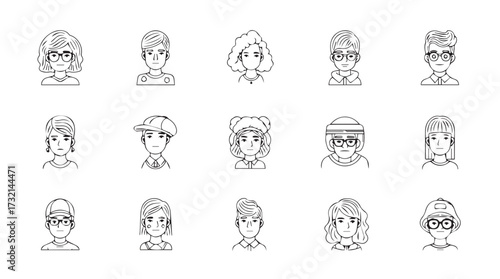 Collection of diverse hand-drawn character portraits with unique hairstyles and expressions vector