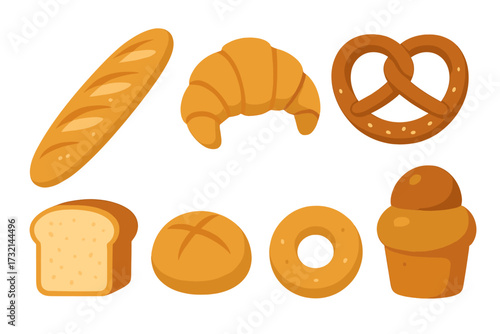 Assortment of freshly baked goods including baguette, croissant, pretzel, bread, bun, donut, and muffin