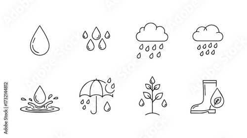Set of hand drawn rain and weather icons for outdoor activities and protection vector