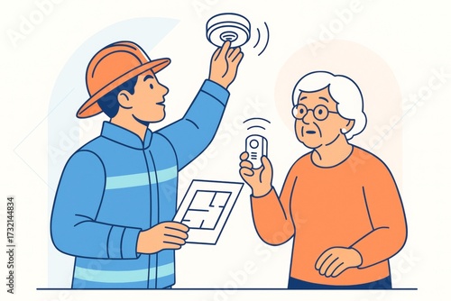 Firefighter helping elderly woman test smoke detector with remote on light background, showing fire safety awareness and home preparedness concept. Ai generative
