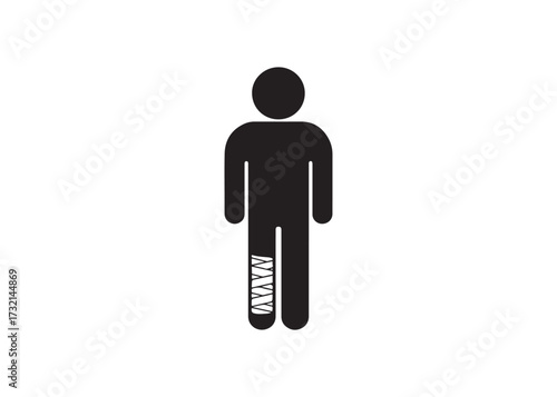 Stick figure with broken leg isolated on white background