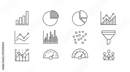 Doodle style business icons representing data analytics charts graphs and performance metrics vector