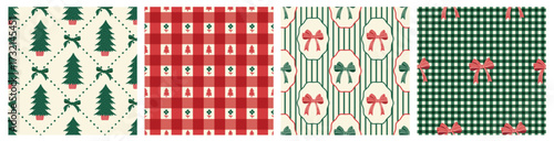 Vintage Christmas seamless pattern set with plaid, Stripes, bows, trees in red Green off white color. Perfect holiday digital paper for fabric, gift wrap, stationery, scrapbooking, and winter decor.
