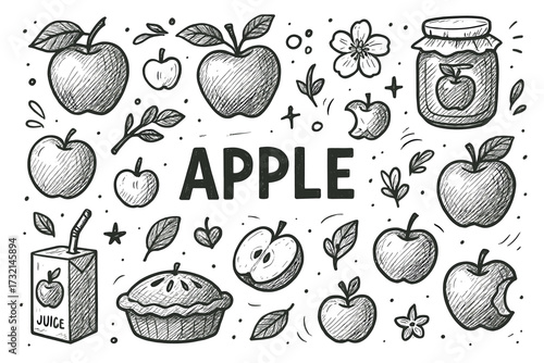 Doodle apple collection: sketches of apples, juice box, pie, and jam jar