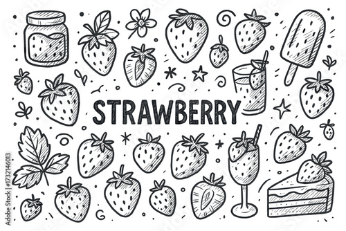 Hand-drawn strawberry doodles: fruit, juices, desserts, and more