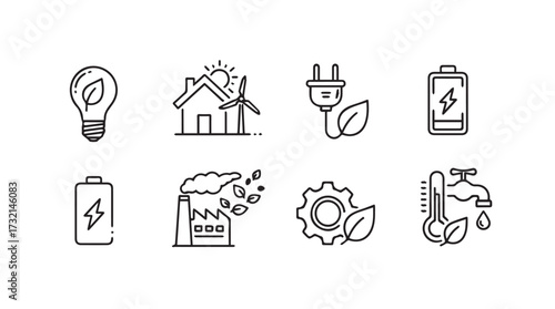 Eco friendly icons set featuring lightbulb house plug battery factory gear and water tap for green energy concepts vector
