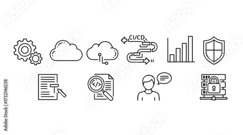 Set of technology and business icons representing data cloud security and analytics concepts vector