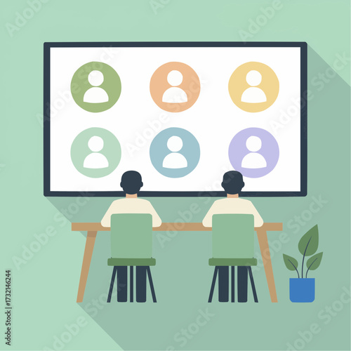 Modern flat vector illustration of a remote video conference setup