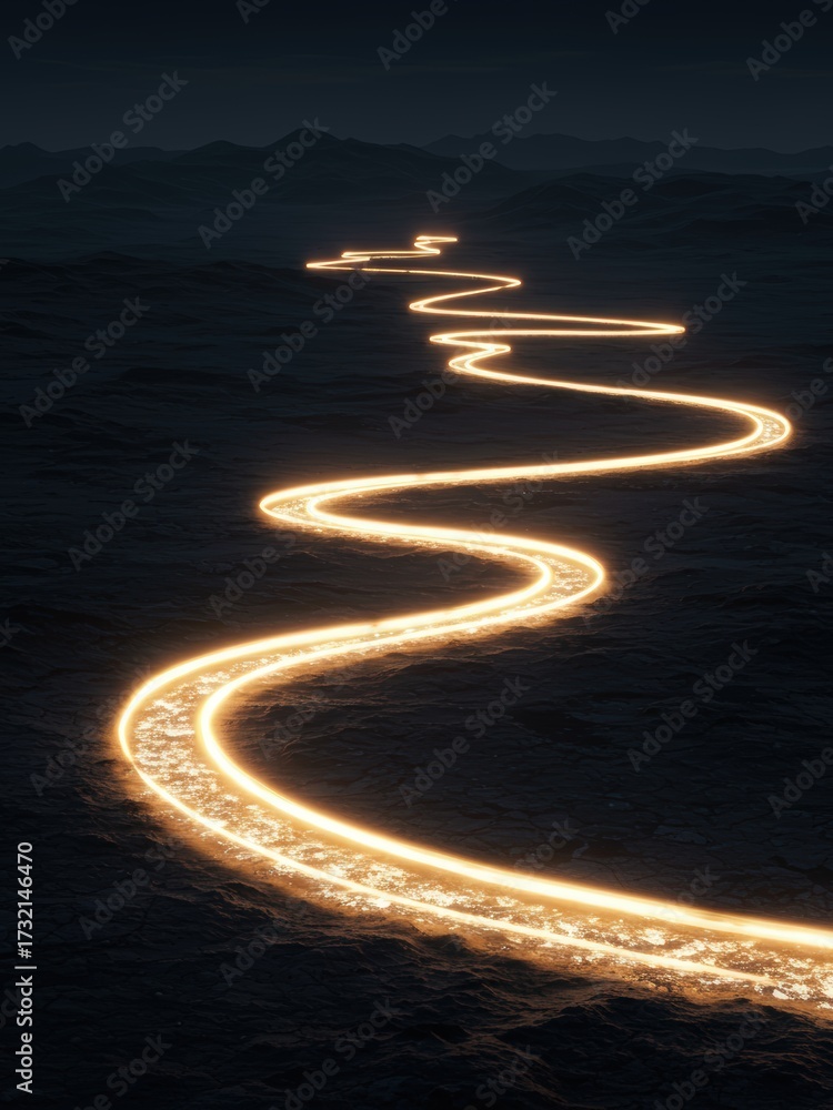 Obraz premium A luminous, winding golden path cuts through a dark, desolate landscape with distant hills under a somber sky, creating a striking contrast.